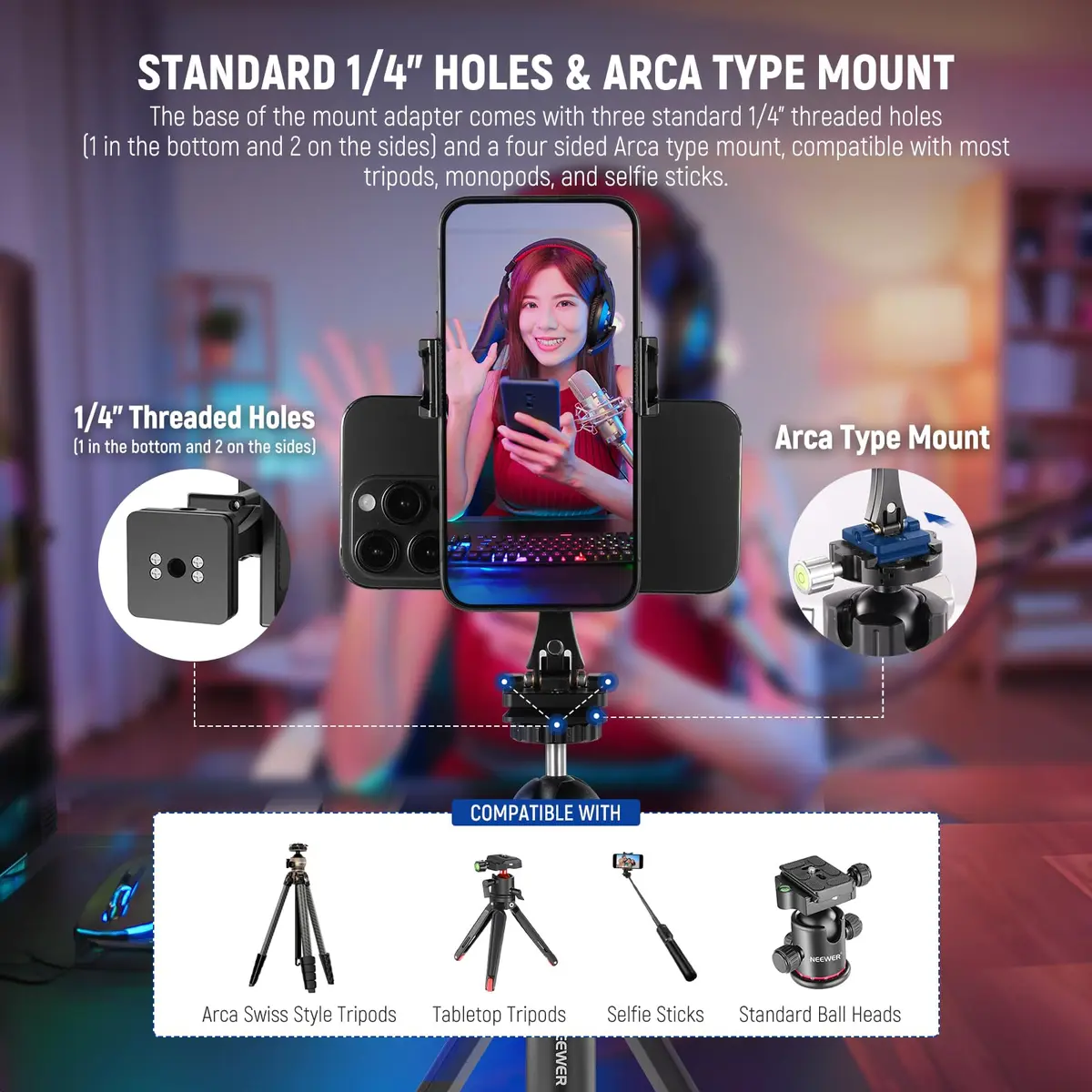 NEEWER Metal Phone Tripod Mount Adapter with Arca QR Base, 360° Rotatable Dual Cell Phone Clip Clamp Holder with 4 Cold Shoes Compatible with iPhone Samsung for Vlog Live Stream Video Recording - view 5