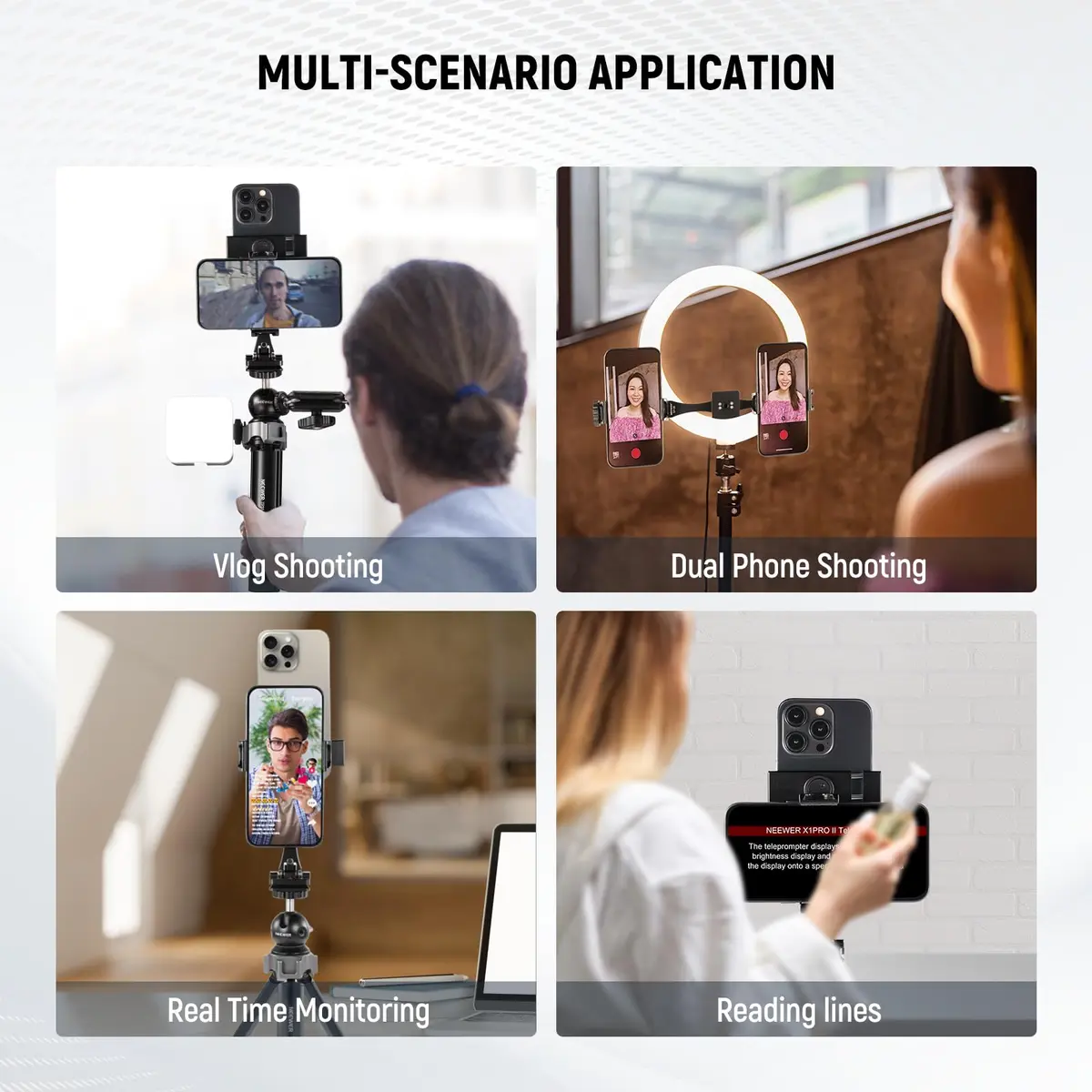 NEEWER Metal Phone Tripod Mount Adapter with Arca QR Base, 360° Rotatable Dual Cell Phone Clip Clamp Holder with 4 Cold Shoes Compatible with iPhone Samsung for Vlog Live Stream Video Recording - view 2