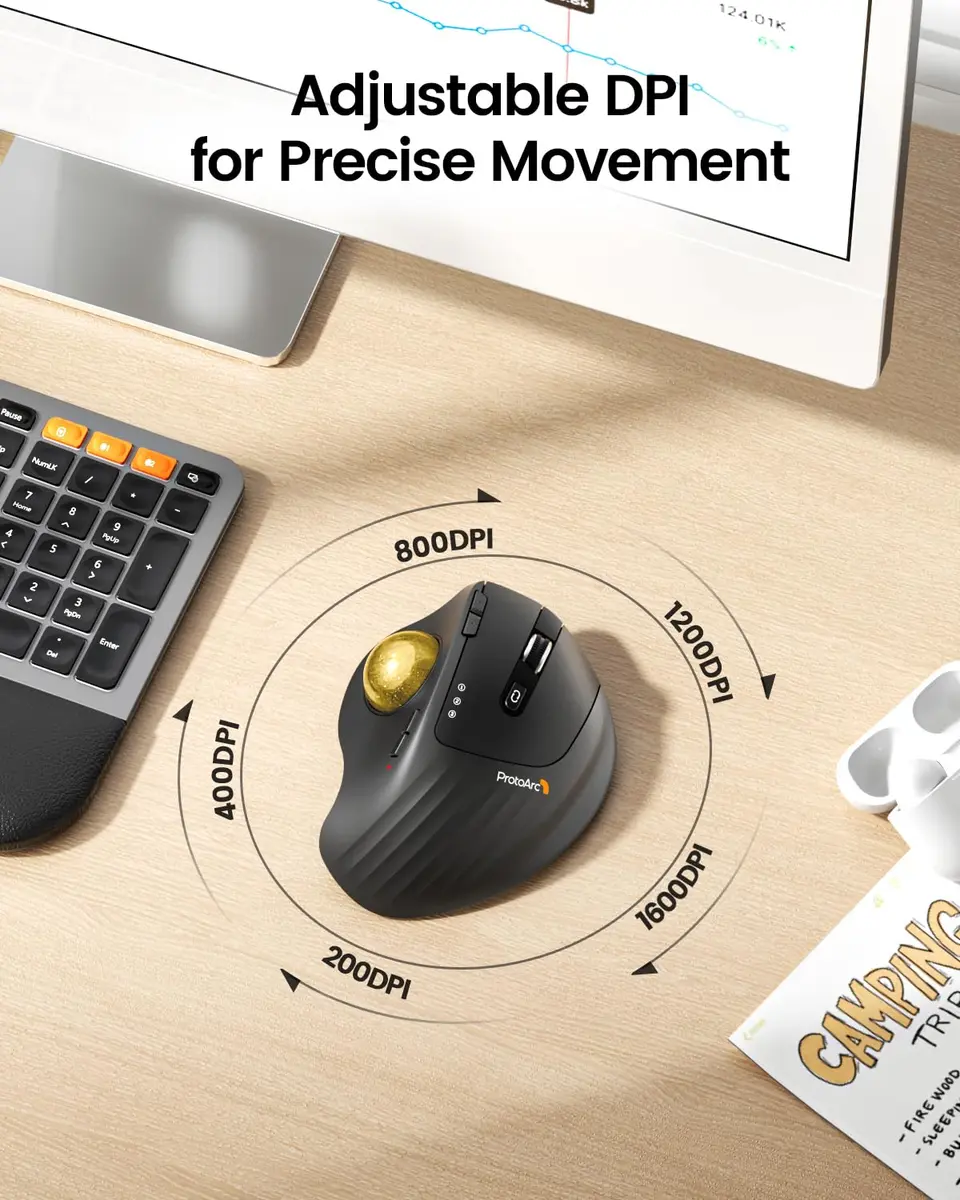 ProtoArc EM01 NL Wireless Trackball Mouse, Gold Ball, 12cm (4.7in) Length | Ergonomic Thumb Control for PC & Mac - view 5