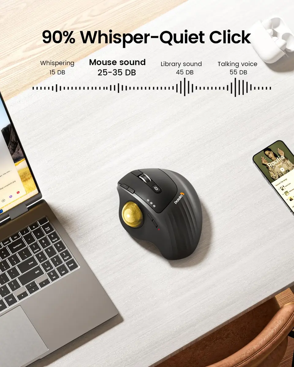 ProtoArc EM01 NL Wireless Trackball Mouse, Gold Ball, 12cm (4.7in) Length | Ergonomic Thumb Control for PC & Mac - view 6