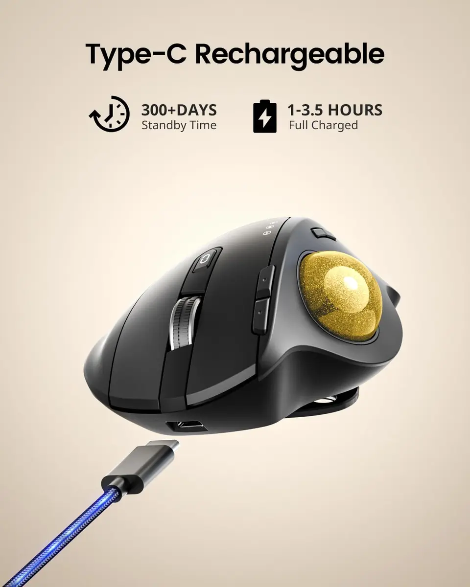 ProtoArc EM01 NL Wireless Trackball Mouse, Gold Ball, 12cm (4.7in) Length | Ergonomic Thumb Control for PC & Mac - view 7