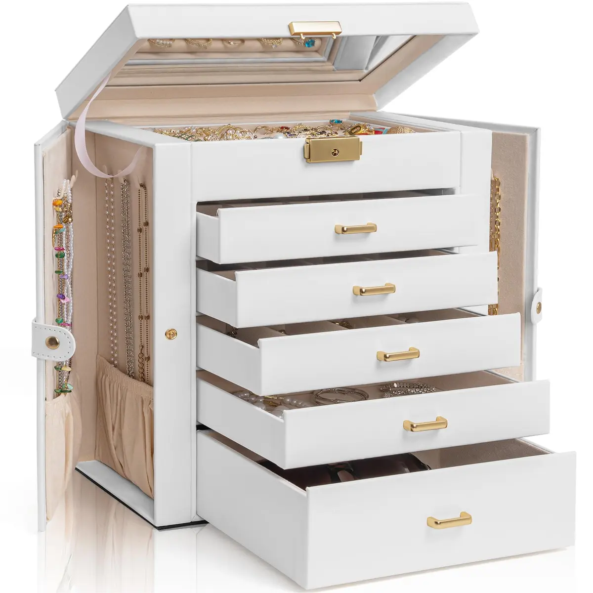 AKOZLIN 6-Tier Jewelry Box 165.1cm (65in) | Lockable Organizer with 5 Drawers & Mirror - main product image