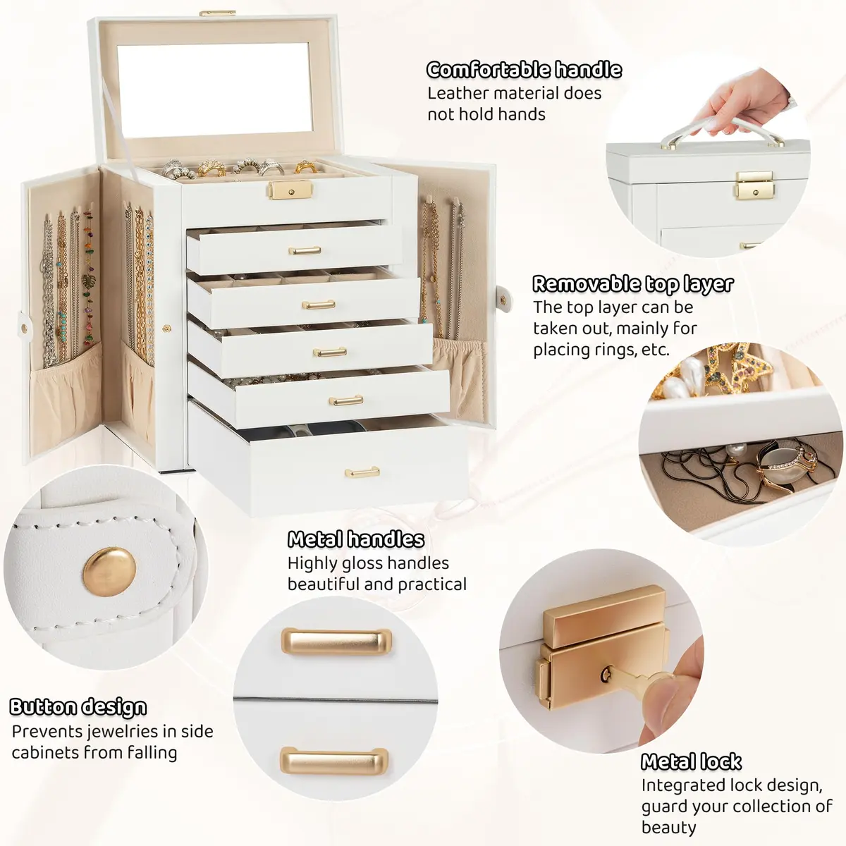 AKOZLIN 6-Tier Jewelry Box 165.1cm (65in) | Lockable Organizer with 5 Drawers & Mirror - view 5