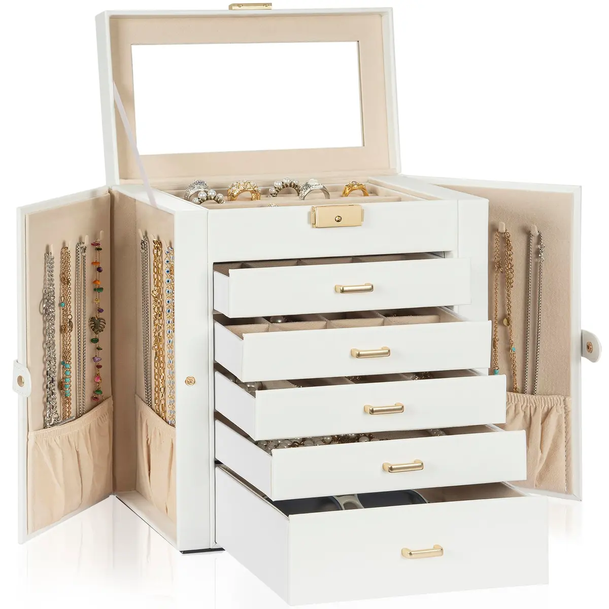 AKOZLIN 6-Tier Jewelry Box 165.1cm (65in) | Lockable Organizer with 5 Drawers & Mirror - view 8