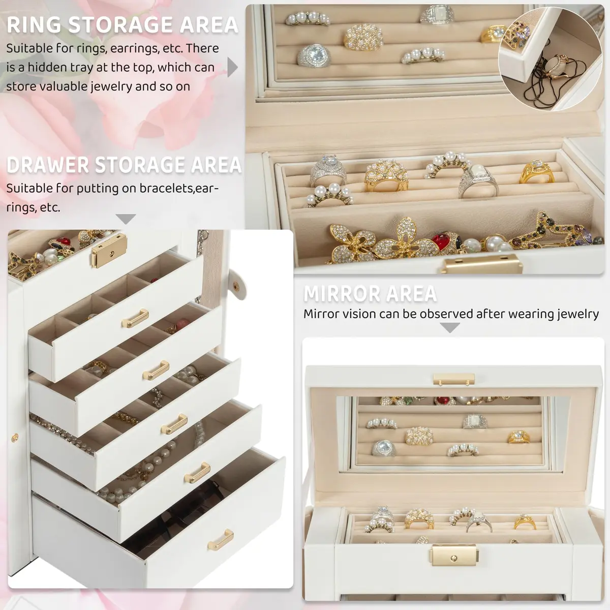 AKOZLIN 6-Tier Jewelry Box 165.1cm (65in) | Lockable Organizer with 5 Drawers & Mirror - view 3