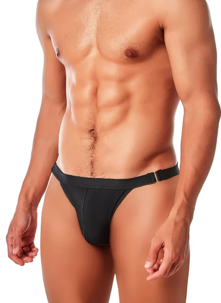 MIZOK Men's Sexy Solid Bikini Swimsuit 2.27kg (5lb) | Quick Dry Low Rise Swim Briefs with Metal Buckle Ring Black L - view 5