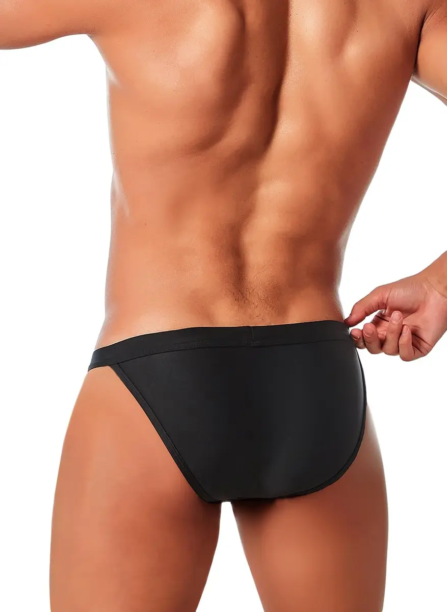 MIZOK Men's Sexy Solid Bikini Swimsuit 2.27kg (5lb) | Quick Dry Low Rise Swim Briefs with Metal Buckle Ring Black L - view 6