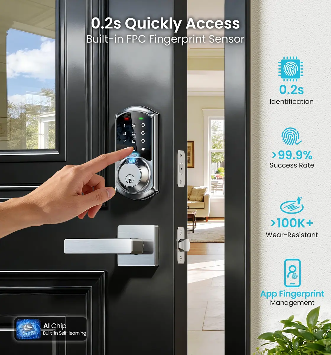 Veise VE07-L Fingerprint Smart Lock with Lever Handles Set, Satin Nickel | BHMA Grade 3 Certified, 8-in-1 Keyless Entry - view 4