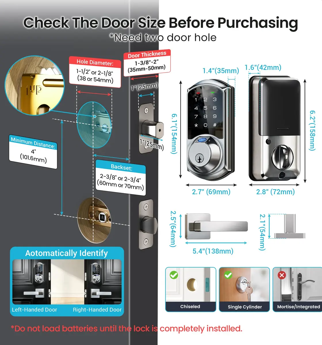 Veise VE07-L Fingerprint Smart Lock with Lever Handles Set, Satin Nickel | BHMA Grade 3 Certified, 8-in-1 Keyless Entry - view 7