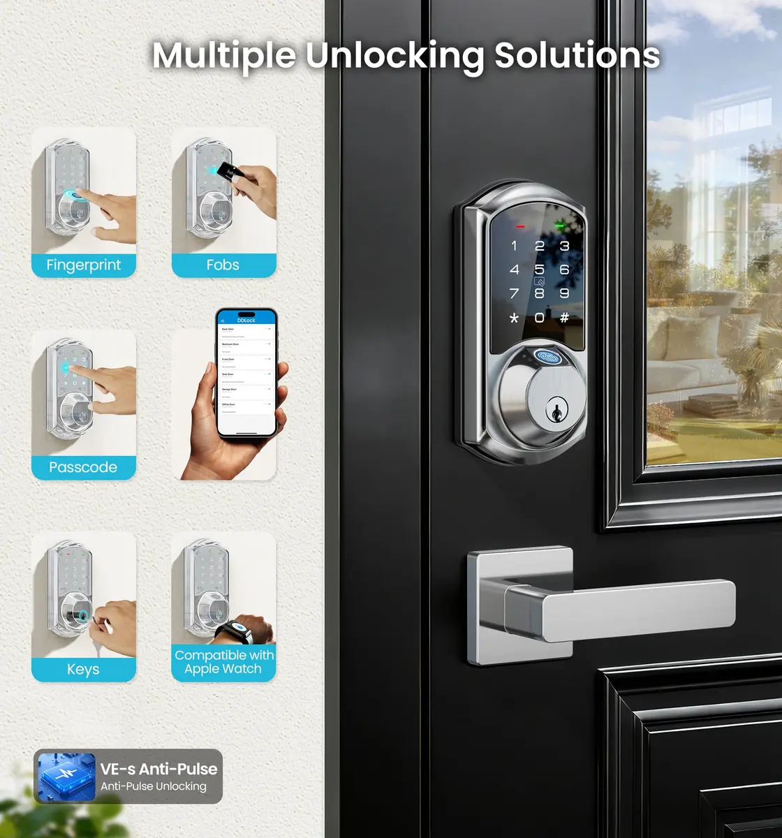 Veise VE07-L Fingerprint Smart Lock with Lever Handles Set, Satin Nickel | BHMA Grade 3 Certified, 8-in-1 Keyless Entry - view 2