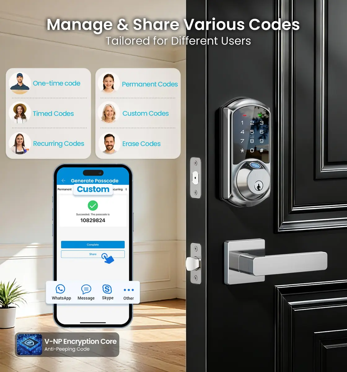 Veise VE07-L Fingerprint Smart Lock with Lever Handles Set, Satin Nickel | BHMA Grade 3 Certified, 8-in-1 Keyless Entry - view 3