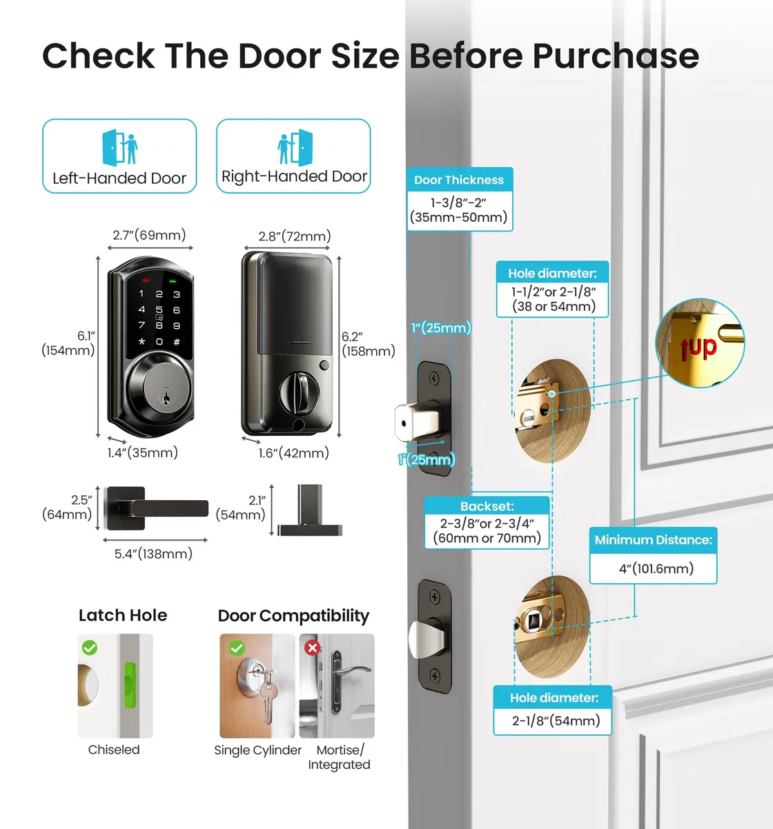 Veise VE06-L Smart Deadbolt Lock with 2 Lever Handle Set, Matte Black | App & Key Control - view 6