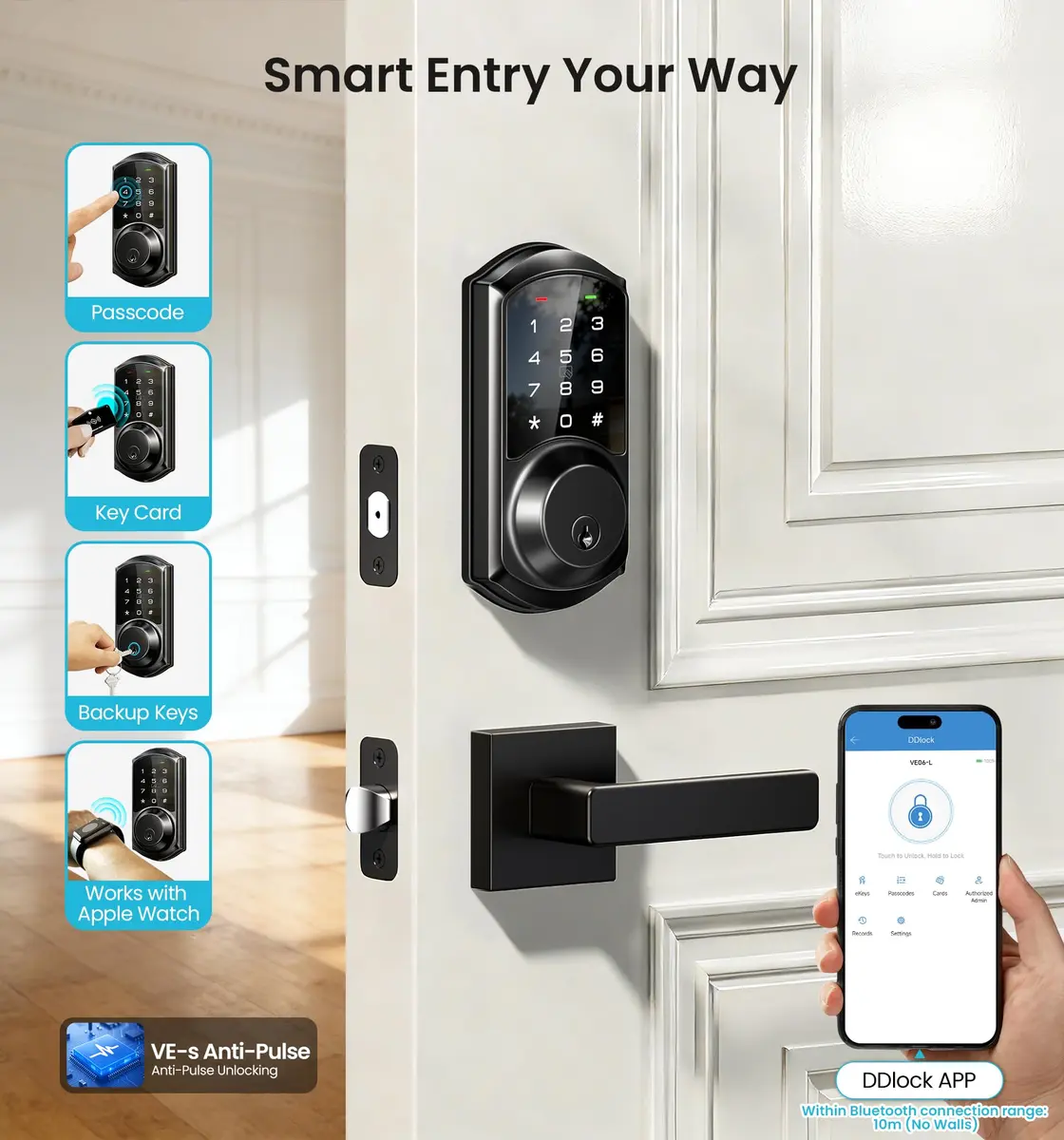 Veise VE06-L Smart Deadbolt Lock with 2 Lever Handle Set, Matte Black | App & Key Control - view 2