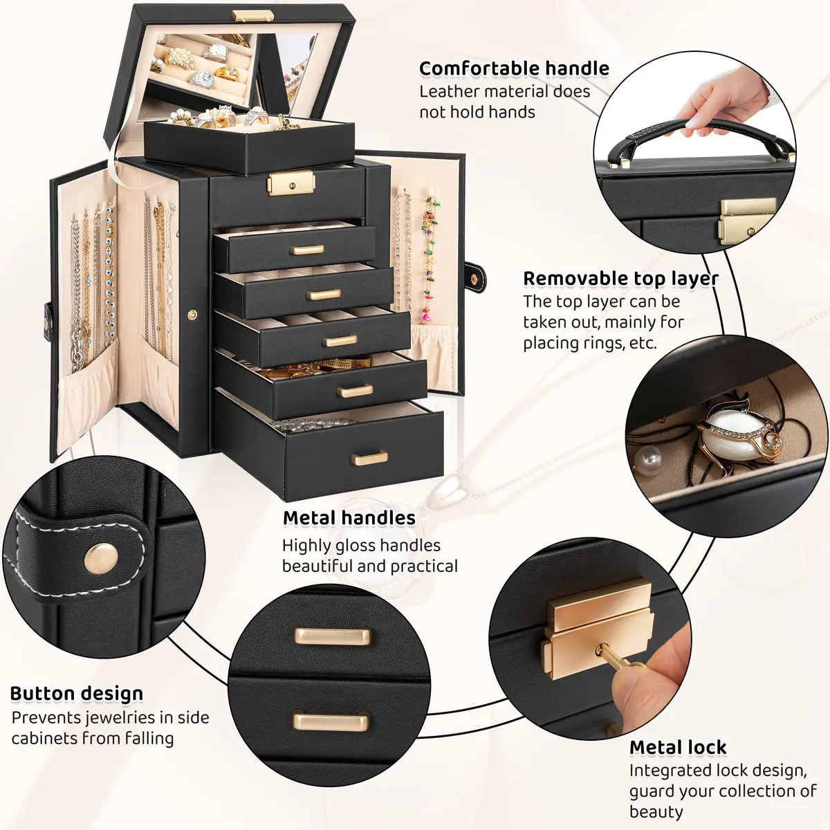 AKOZLIN 6-Tier Jewelry Box with 5 Drawers & Mirror | Lockable Black Leather Organizer for Rings, Necklaces, Bracelets - view 5