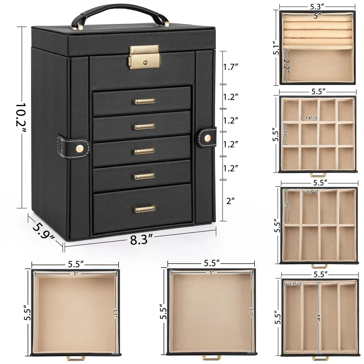 AKOZLIN 6-Tier Jewelry Box with 5 Drawers & Mirror | Lockable Black Leather Organizer for Rings, Necklaces, Bracelets - view 7