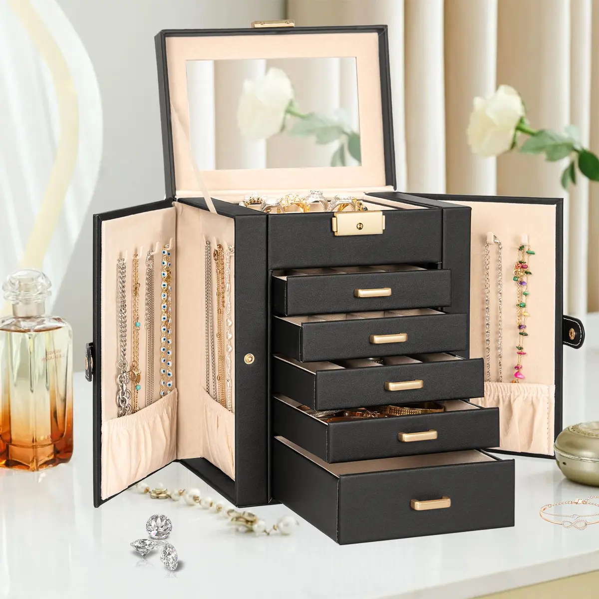 AKOZLIN 6-Tier Jewelry Box with 5 Drawers & Mirror | Lockable Black Leather Organizer for Rings, Necklaces, Bracelets - view 8