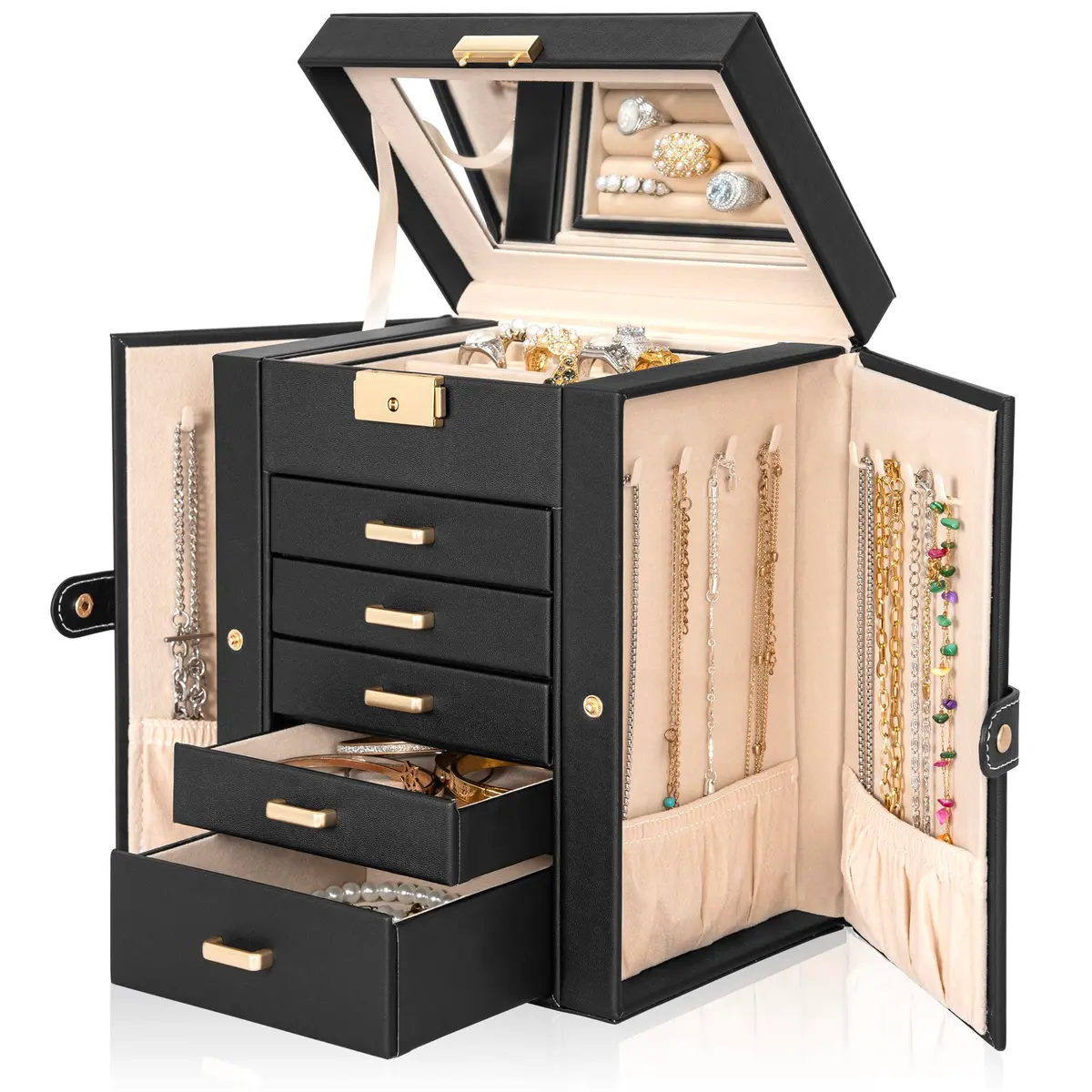 AKOZLIN 6-Tier Jewelry Box with 5 Drawers & Mirror | Lockable Black Leather Organizer for Rings, Necklaces, Bracelets - view 2