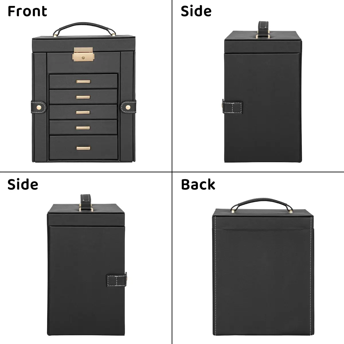 AKOZLIN 6-Tier Jewelry Box with 5 Drawers & Mirror | Lockable Black Leather Organizer for Rings, Necklaces, Bracelets - view 3