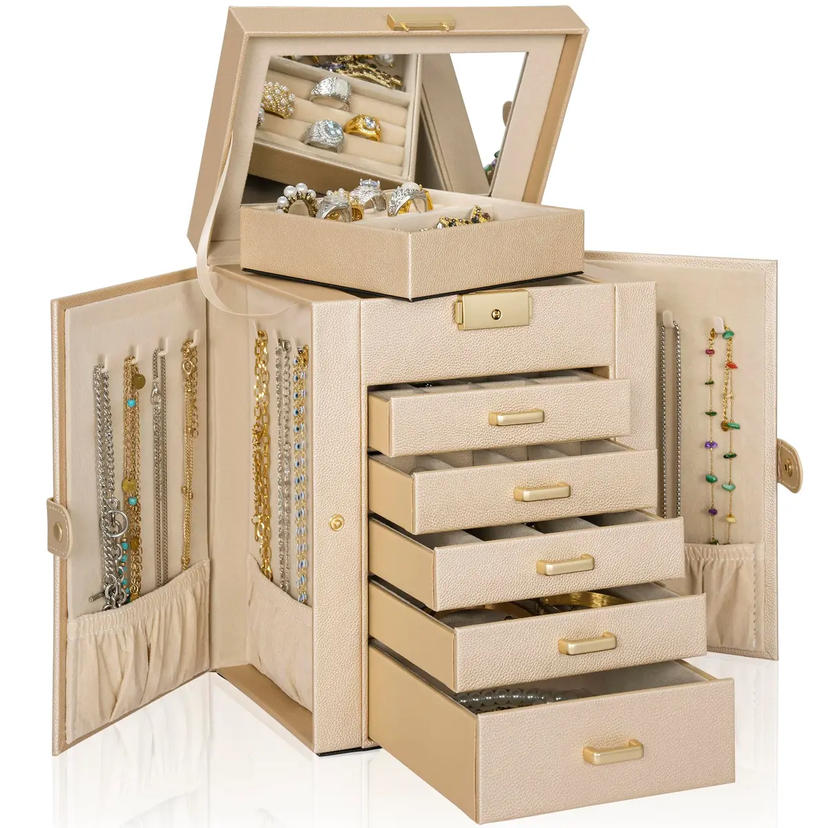 AKOZLIN 6-Tier Jewelry Box with 5 Drawers & Mirror | 2.71 kg (5.9"D x 8.3"W x 10.3"H) Champagne-Gold - view 8