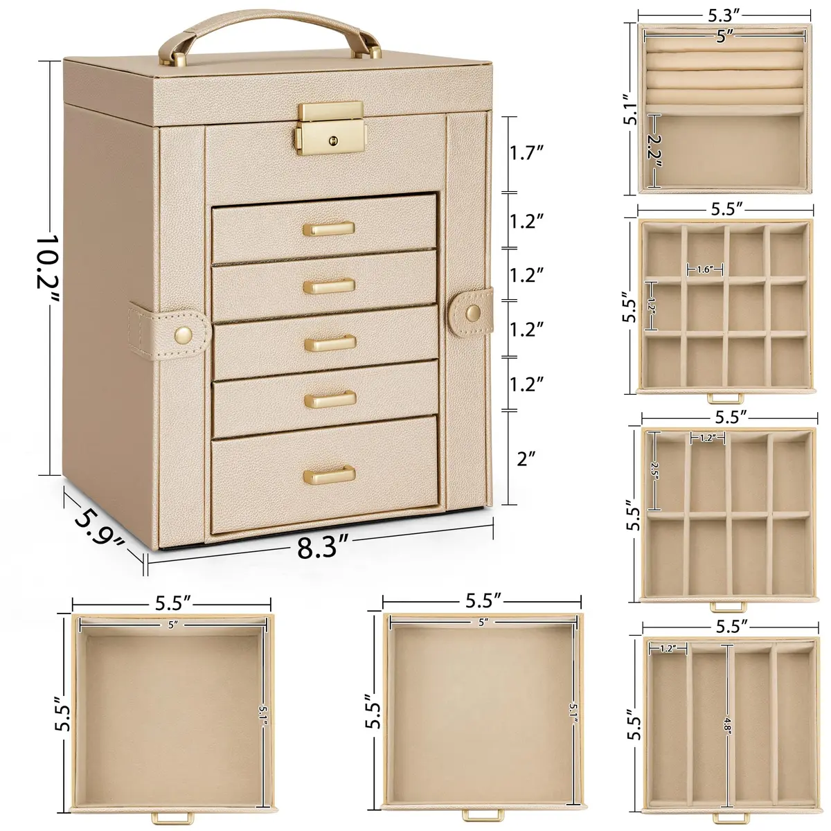 AKOZLIN 6-Tier Jewelry Box with 5 Drawers & Mirror | 2.71 kg (5.9"D x 8.3"W x 10.3"H) Champagne-Gold - view 2