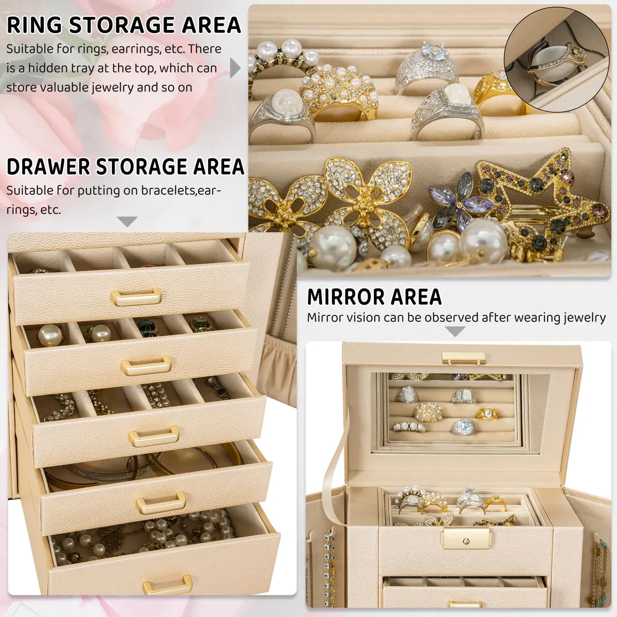 AKOZLIN 6-Tier Jewelry Box with 5 Drawers & Mirror | 2.71 kg (5.9"D x 8.3"W x 10.3"H) Champagne-Gold - view 3
