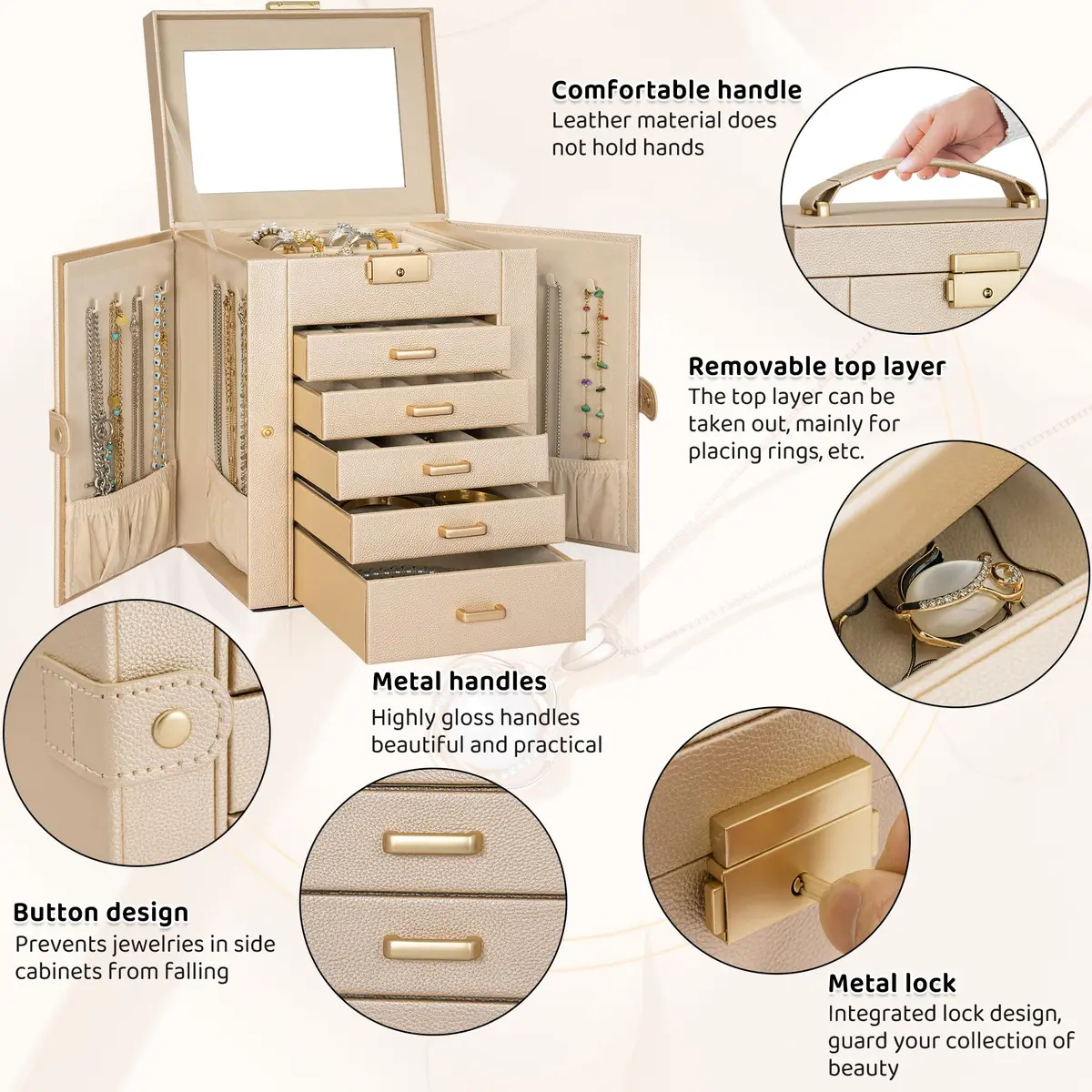 AKOZLIN 6-Tier Jewelry Box with 5 Drawers & Mirror | 2.71 kg (5.9"D x 8.3"W x 10.3"H) Champagne-Gold - view 4