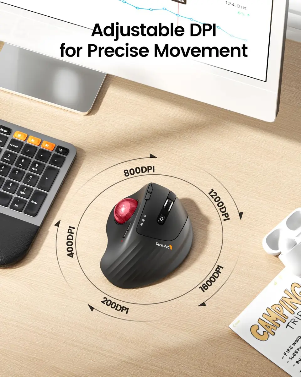 ProtoArc EM01 NL Wireless Trackball Mouse Red Ball | Ergonomic Thumb Control, Rechargeable, 3-Device Bluetooth & 2.4G - view 5