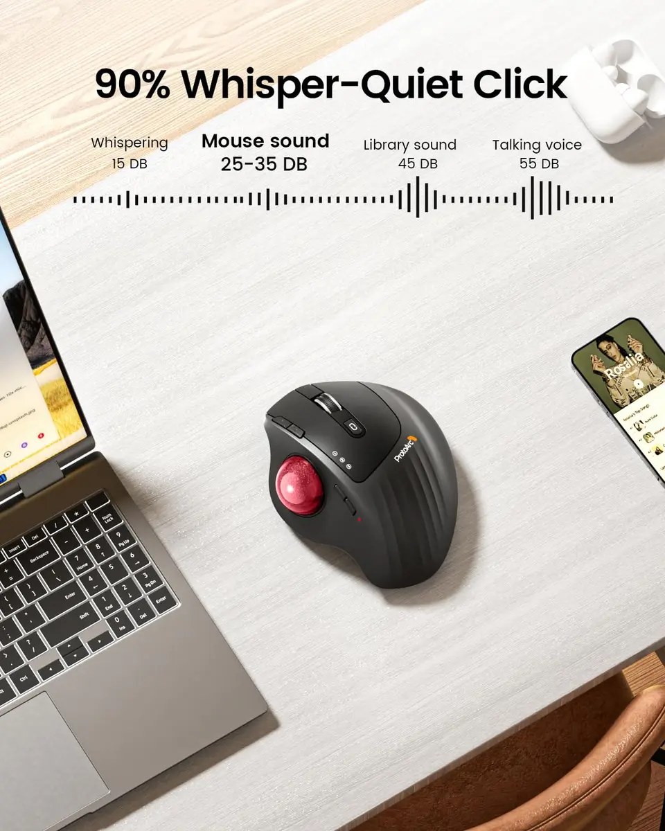 ProtoArc EM01 NL Wireless Trackball Mouse Red Ball | Ergonomic Thumb Control, Rechargeable, 3-Device Bluetooth & 2.4G - view 6