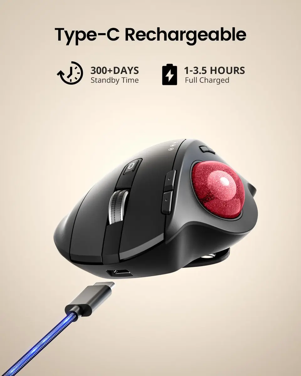 ProtoArc EM01 NL Wireless Trackball Mouse Red Ball | Ergonomic Thumb Control, Rechargeable, 3-Device Bluetooth & 2.4G - view 7