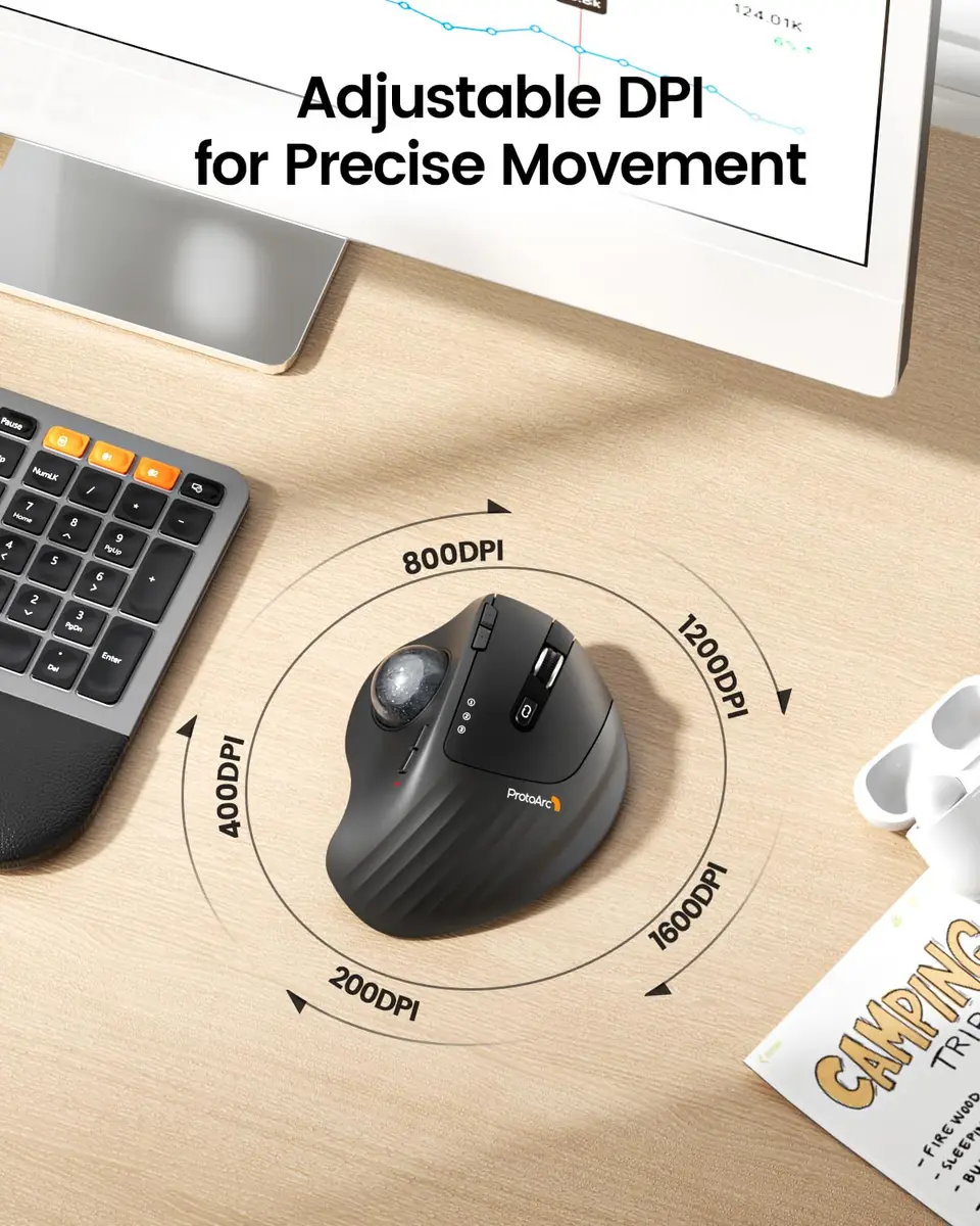 ProtoArc EM01 NL Wireless Trackball Mouse, Rechargeable Thumb Control, Gray | Ergonomic Design with Adjustable Angle & 3-Device Connectivity - view 5