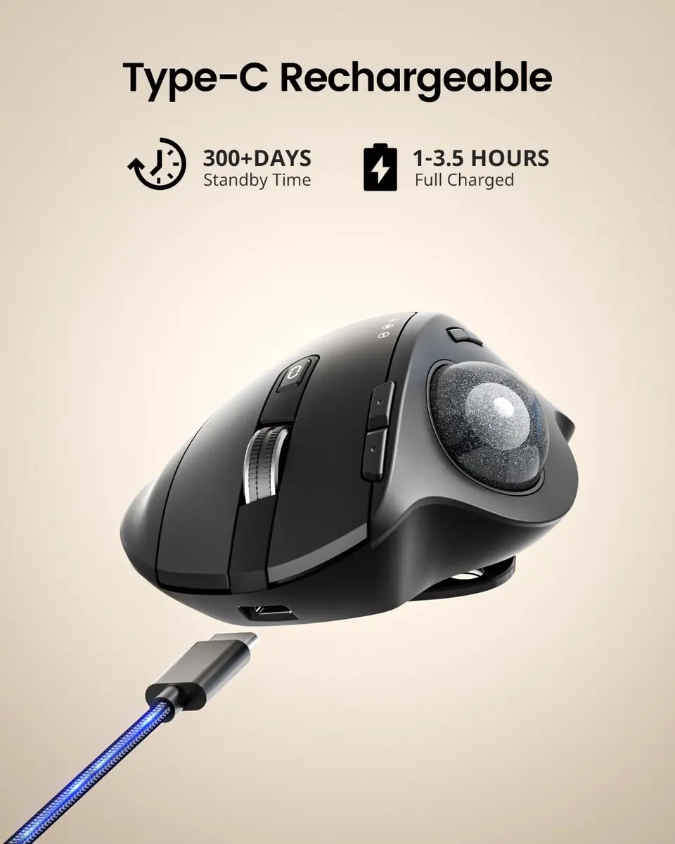 ProtoArc EM01 NL Wireless Trackball Mouse, Rechargeable Thumb Control, Gray | Ergonomic Design with Adjustable Angle & 3-Device Connectivity - view 6