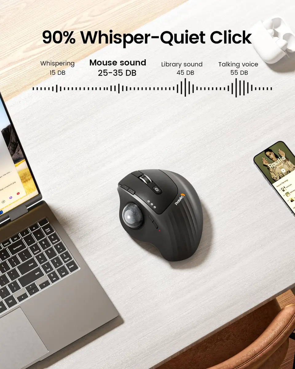 ProtoArc EM01 NL Wireless Trackball Mouse, Rechargeable Thumb Control, Gray | Ergonomic Design with Adjustable Angle & 3-Device Connectivity - view 7