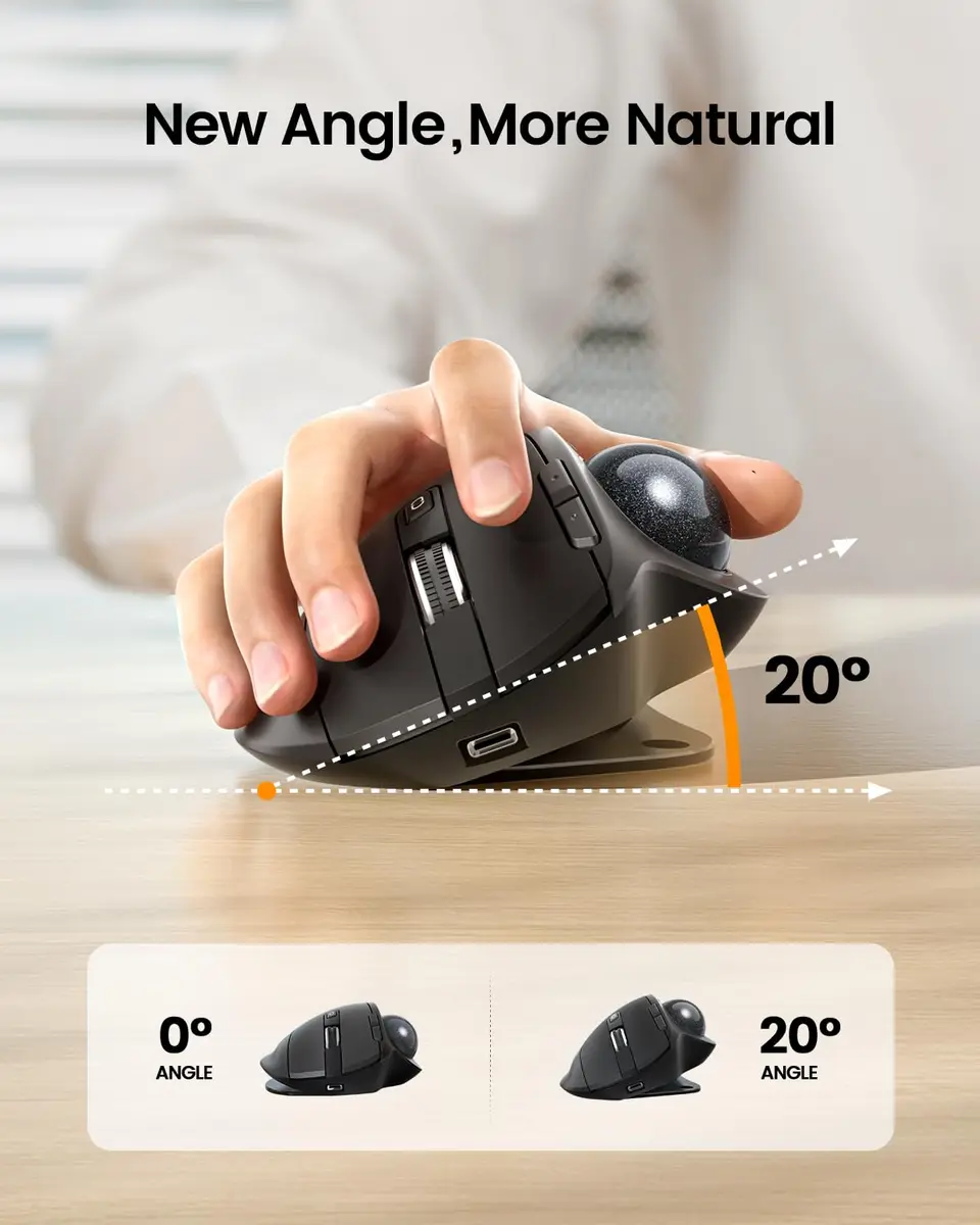 ProtoArc EM01 NL Wireless Trackball Mouse, Rechargeable Thumb Control, Gray | Ergonomic Design with Adjustable Angle & 3-Device Connectivity - view 2