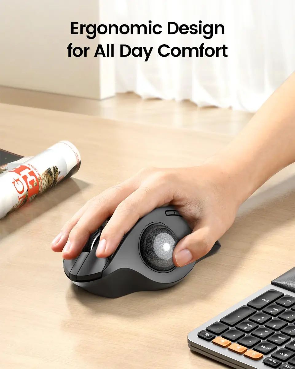 ProtoArc EM01 NL Wireless Trackball Mouse, Rechargeable Thumb Control, Gray | Ergonomic Design with Adjustable Angle & 3-Device Connectivity - view 3