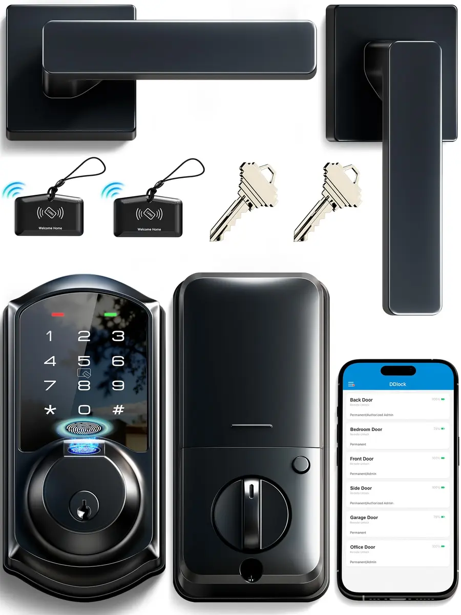 Veise VE07-L Fingerprint Smart Lock with Lever Handles Set, Matte Black | 8-in-1 Keyless Entry for Front Door - main product image