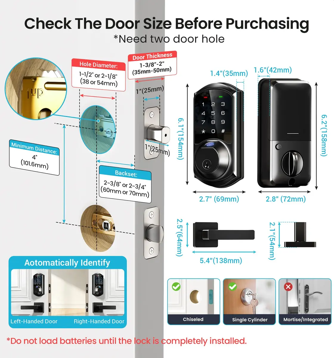 Veise VE07-L Fingerprint Smart Lock with Lever Handles Set, Matte Black | 8-in-1 Keyless Entry for Front Door - view 7