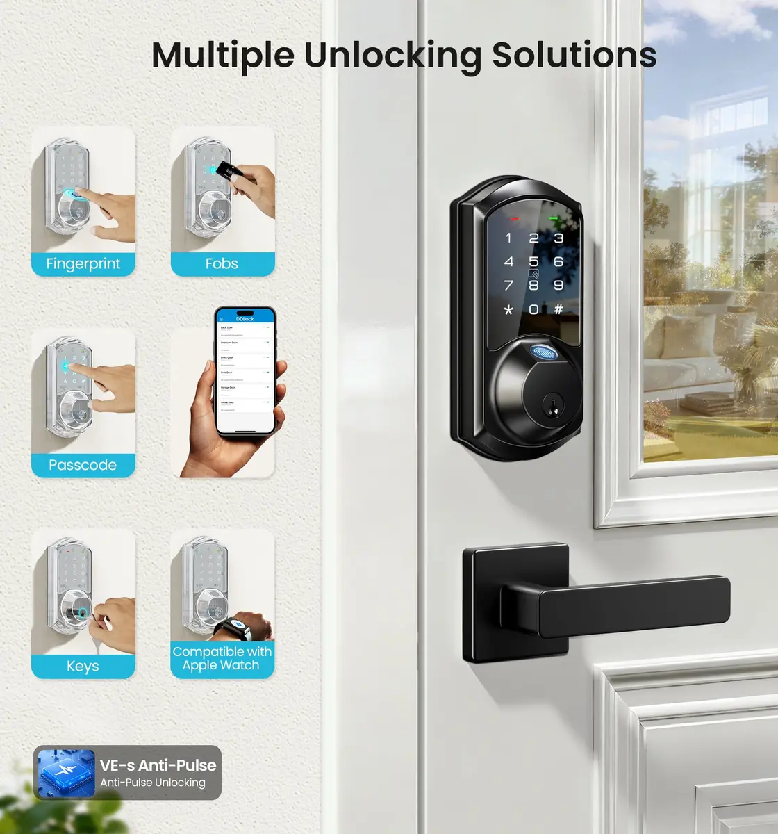 Veise VE07-L Fingerprint Smart Lock with Lever Handles Set, Matte Black | 8-in-1 Keyless Entry for Front Door - view 2