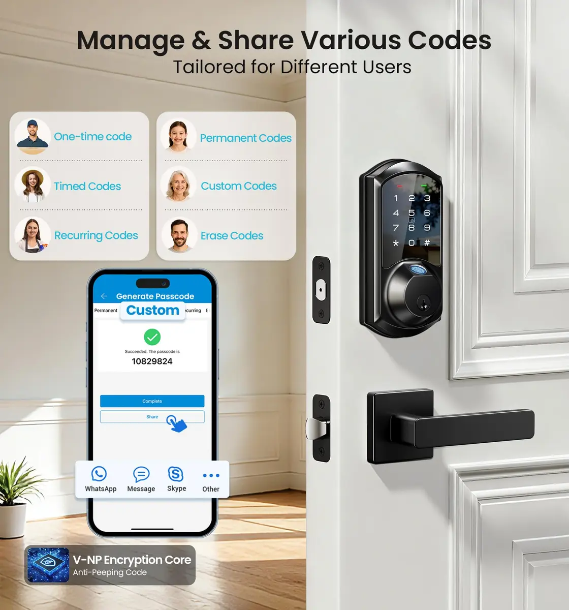 Veise VE07-L Fingerprint Smart Lock with Lever Handles Set, Matte Black | 8-in-1 Keyless Entry for Front Door - view 3