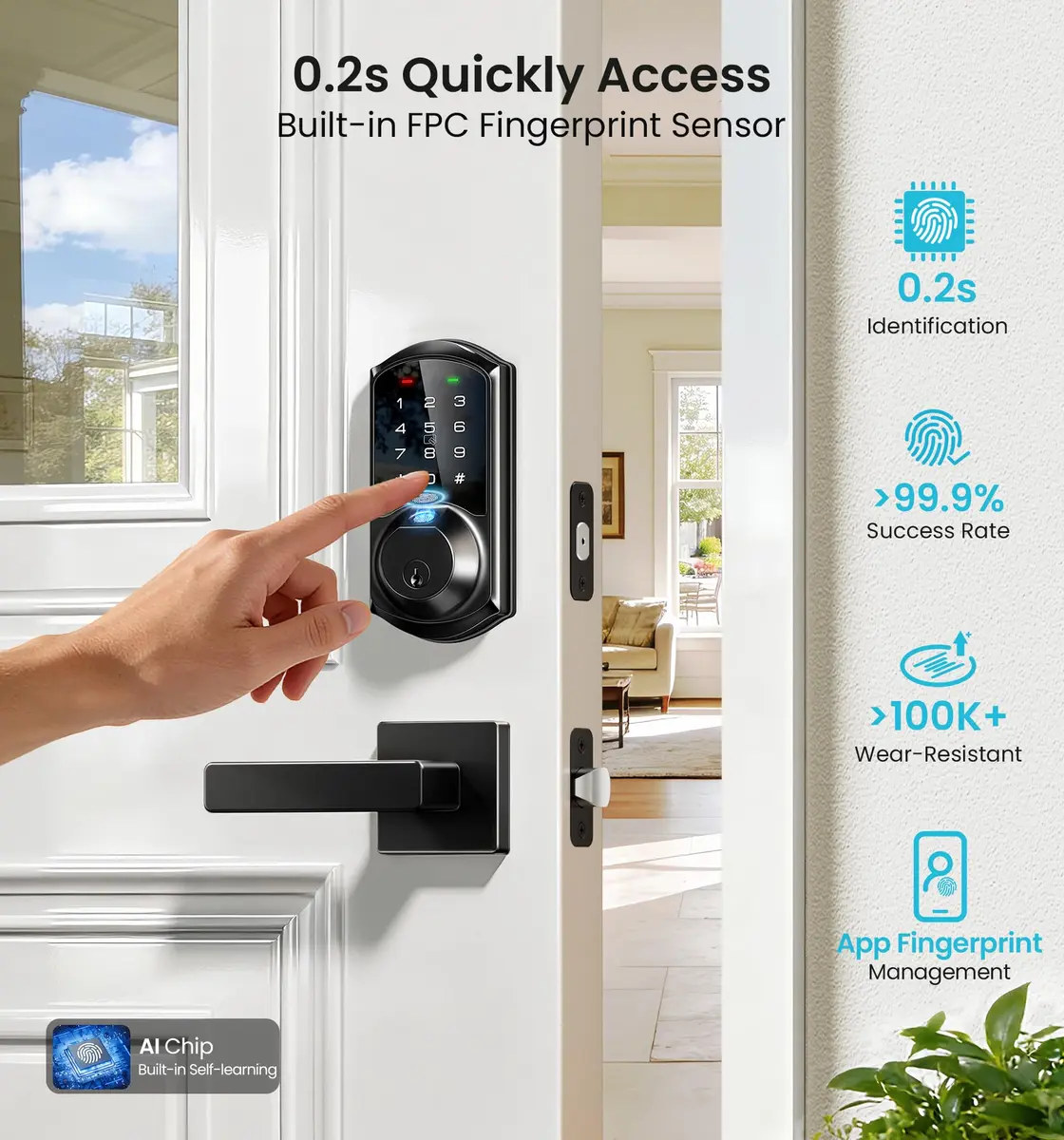 Veise VE07-L Fingerprint Smart Lock with Lever Handles Set, Matte Black | 8-in-1 Keyless Entry for Front Door - view 4