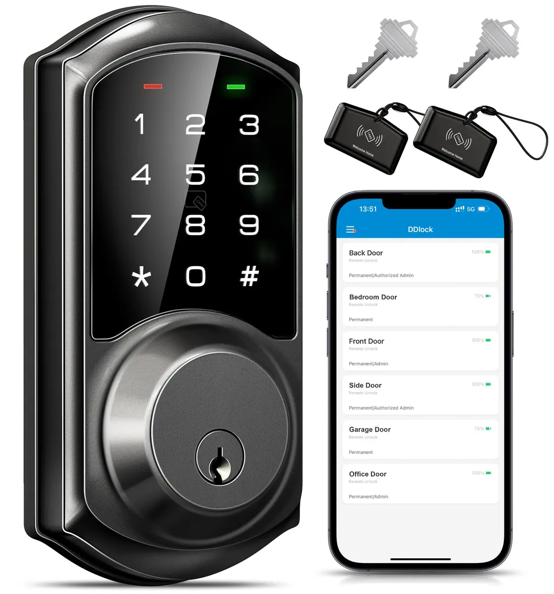 Veise VE06 Smart Lock for Front Door | App Control, Matte Black, Keypad, IP54 Water Resistance - main product image