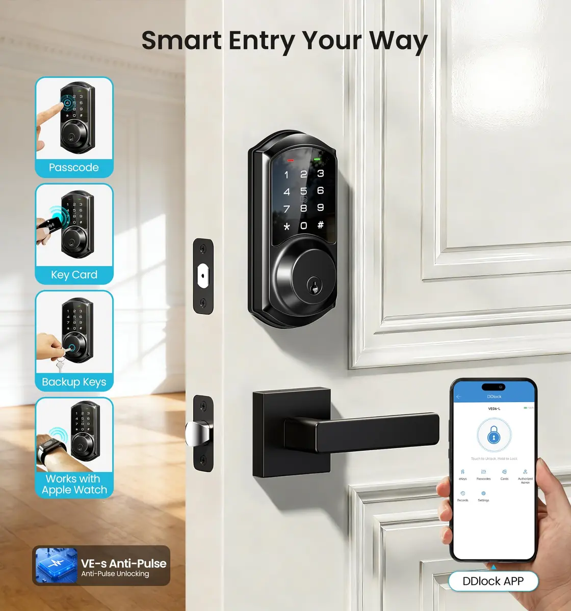 Veise VE06 Smart Lock for Front Door | App Control, Matte Black, Keypad, IP54 Water Resistance - view 2