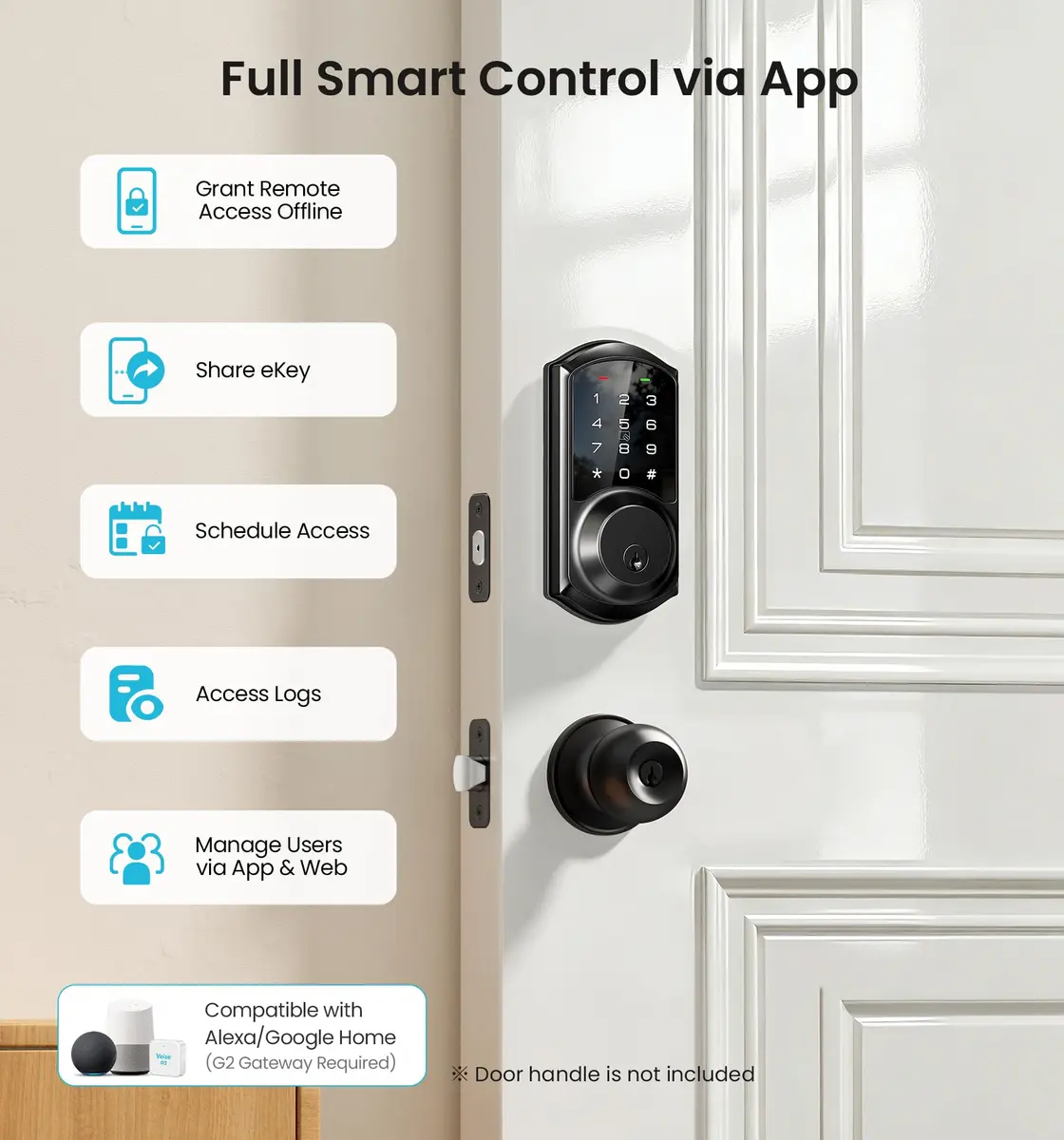 Veise VE06 Smart Lock for Front Door | App Control, Matte Black, Keypad, IP54 Water Resistance - view 3