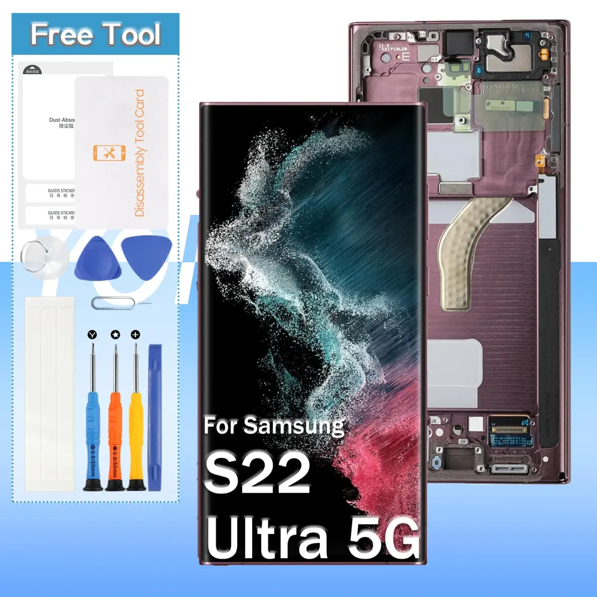 Yondista Samsung Galaxy S22 Ultra 5G Screen Replacement 6.8" AMOLED SM-G908a, SM-S908u, SM-S908w LCD Display Touch Digitizer Assembly with Tools (Burgundy with Frame) - main product image