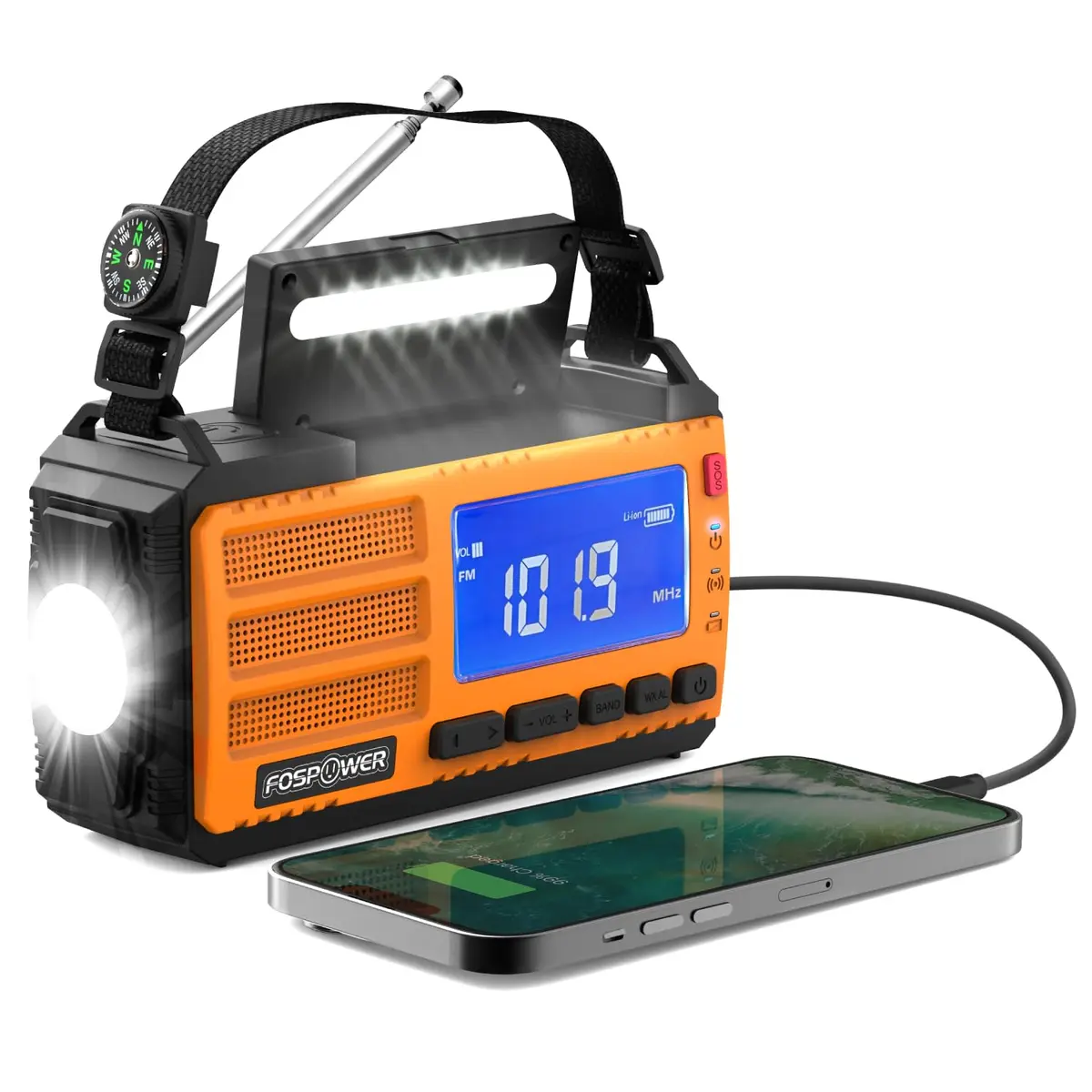 FosPower D8 Emergency Weather Radio 37000mWh (10000mAh) Power Bank, AM/FM/NOAA, Solar/Crank/USB Charging, SOS Alarm & Flashlight (Orange) - main product image