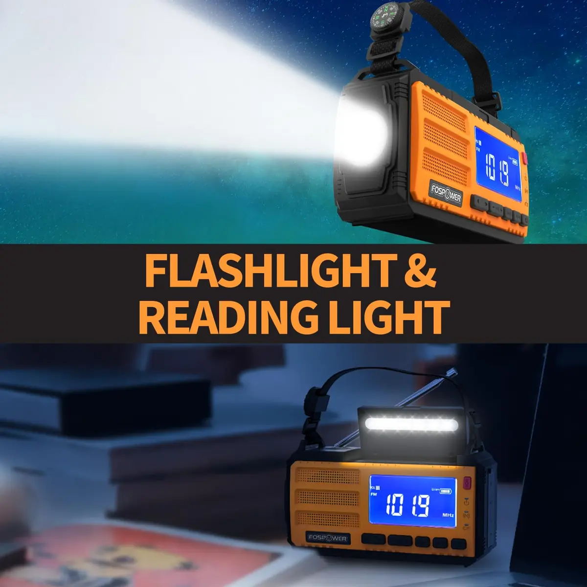 FosPower D8 Emergency Weather Radio 37000mWh (10000mAh) Power Bank, AM/FM/NOAA, Solar/Crank/USB Charging, SOS Alarm & Flashlight (Orange) - view 6