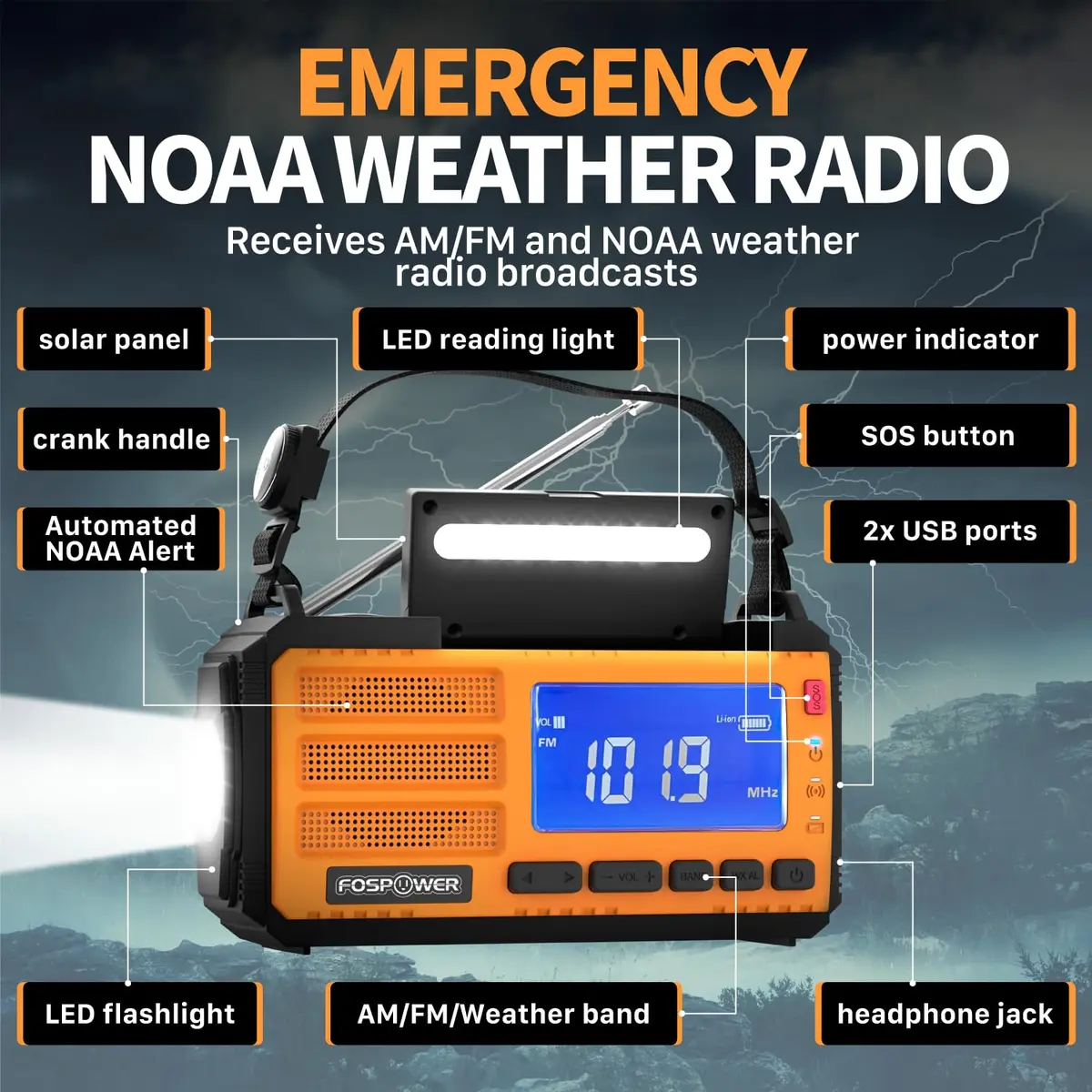 FosPower D8 Emergency Weather Radio 37000mWh (10000mAh) Power Bank, AM/FM/NOAA, Solar/Crank/USB Charging, SOS Alarm & Flashlight (Orange) - view 2