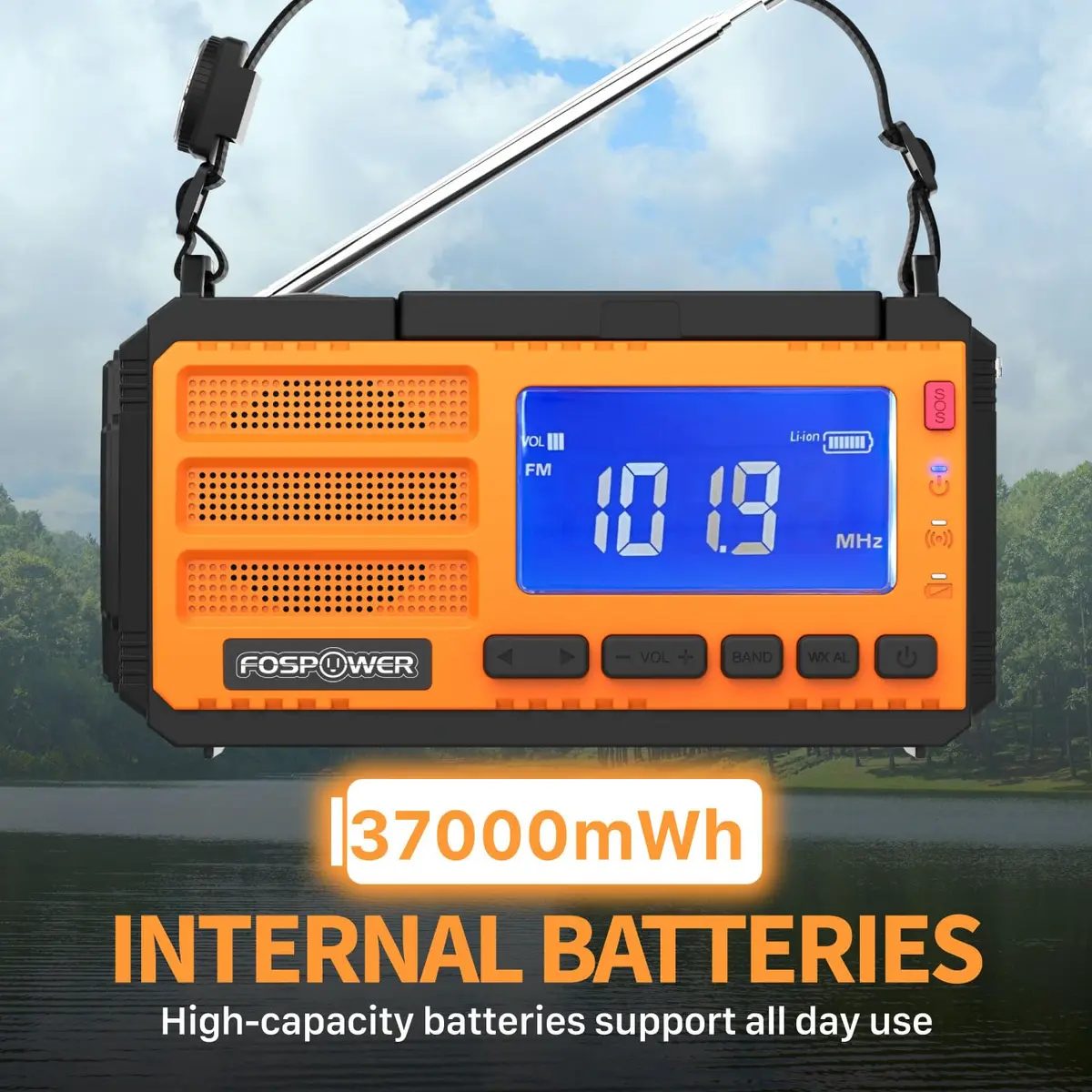 FosPower D8 Emergency Weather Radio 37000mWh (10000mAh) Power Bank, AM/FM/NOAA, Solar/Crank/USB Charging, SOS Alarm & Flashlight (Orange) - view 3
