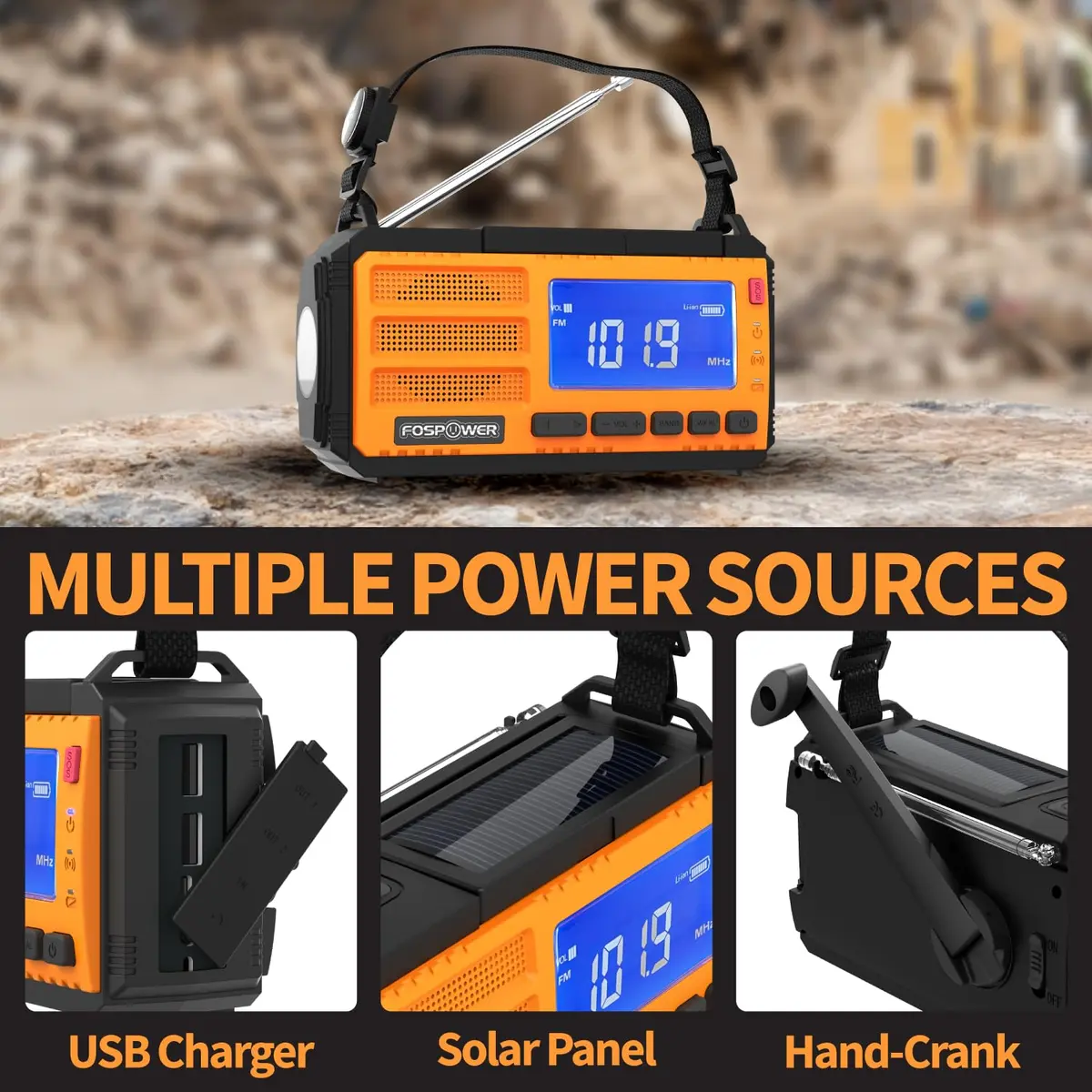 FosPower D8 Emergency Weather Radio 37000mWh (10000mAh) Power Bank, AM/FM/NOAA, Solar/Crank/USB Charging, SOS Alarm & Flashlight (Orange) - view 4