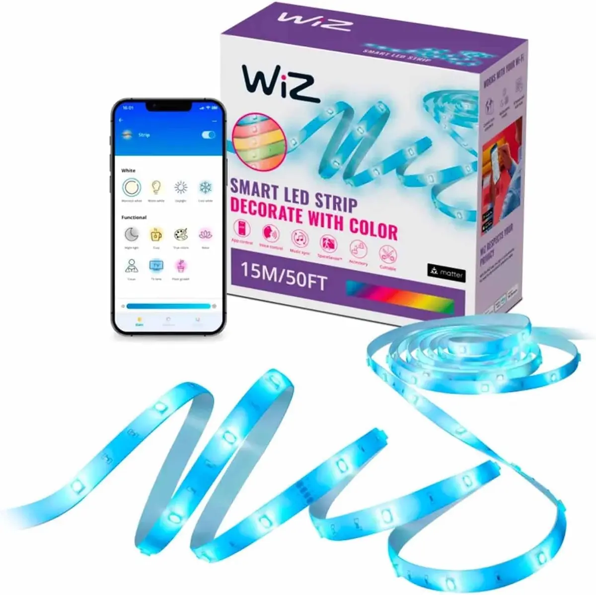 WiZ Connected Smart LED Light Strip 15.24m (50ft) | Full Color RGB, App & Voice Control, Sunset/Sunrise Automation - main product image
