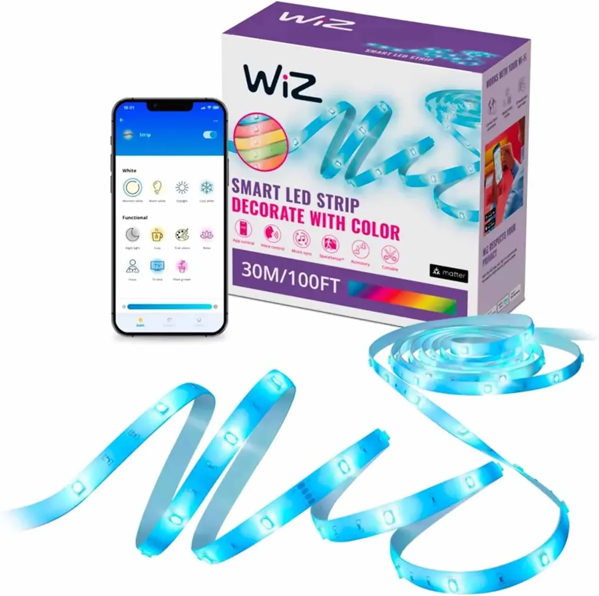 WiZ Connected Smart LED Light Strip 30.48m (100 ft) | Full Color RGB, Sunset to Sunrise Automation - main product image